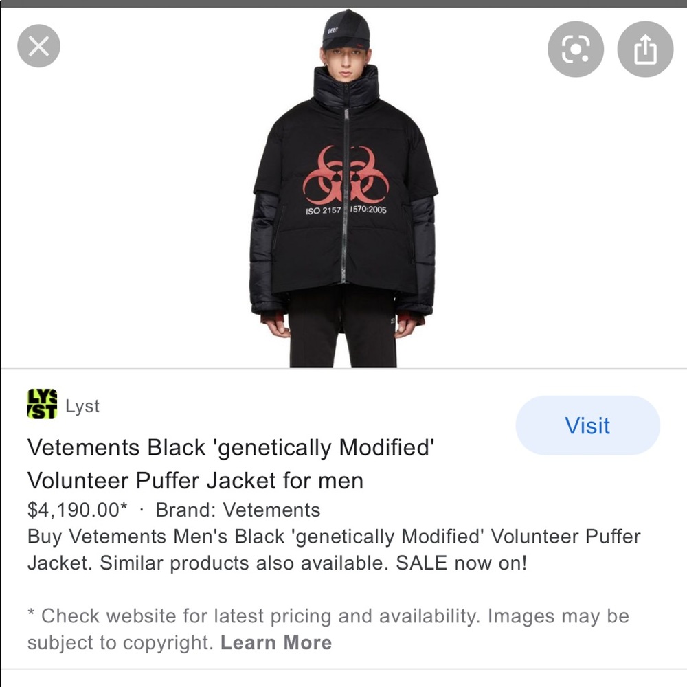 $4,190 Vetements Men's Black Puffer Jacket